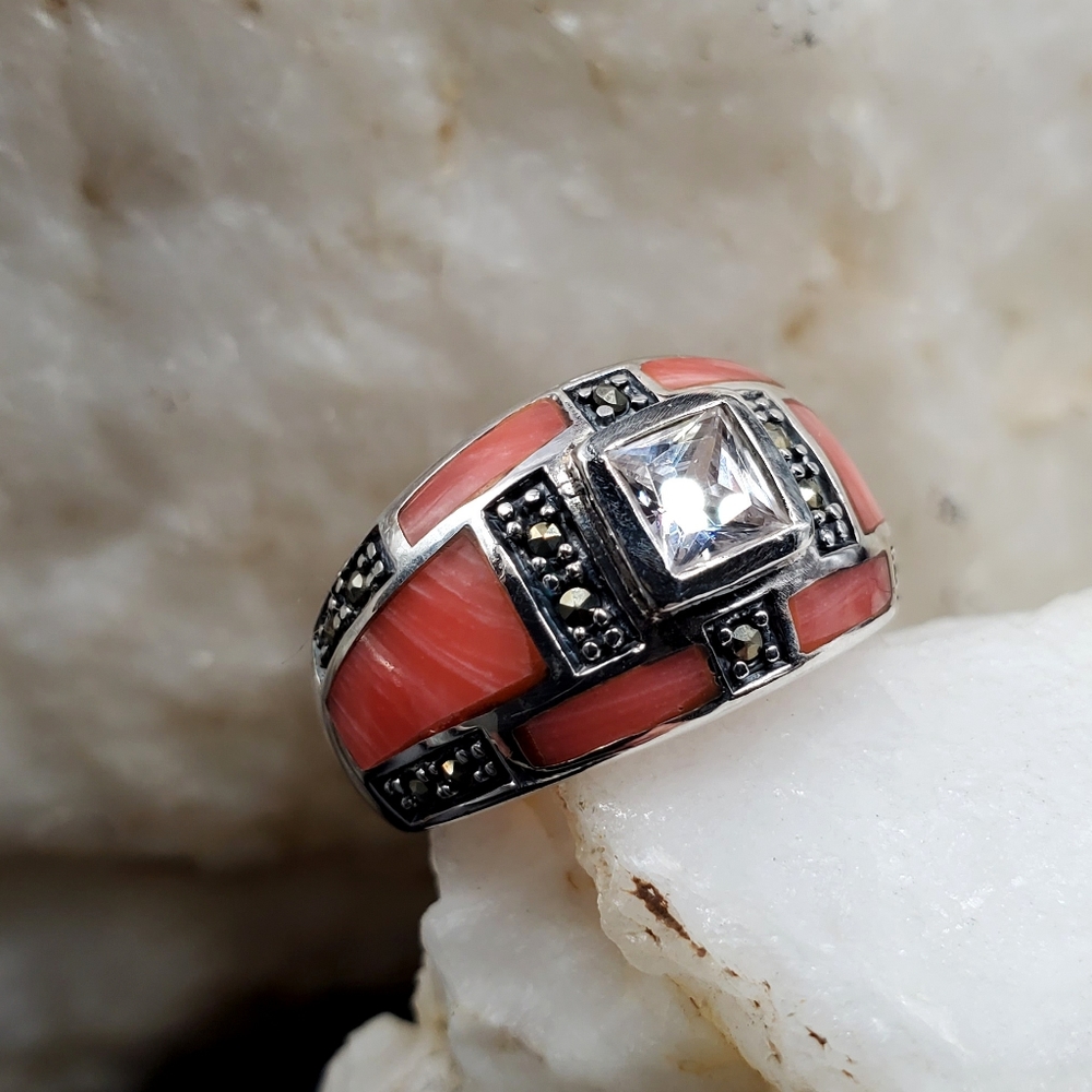 Solid 925 Sterling Silver Ring Angel Skin Coral/Topaz Stone Swiss Marcasite